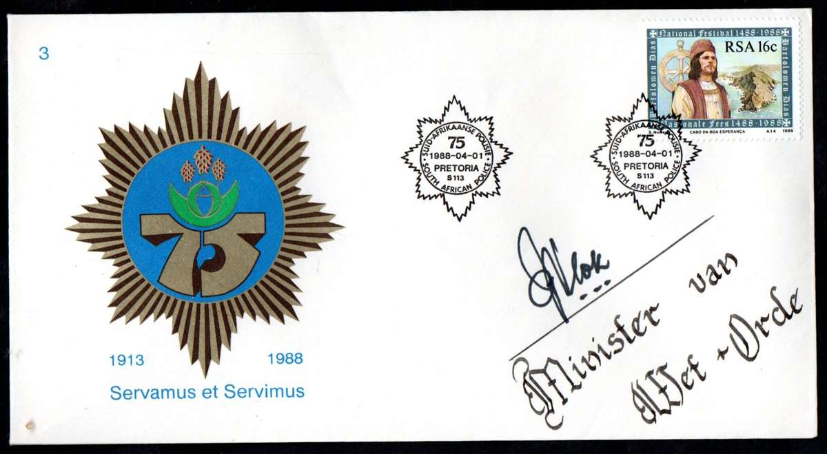 RSA 1988 75TH ANNIV OF THE SA POLICE COMM COVER SIGNED BY 'ADRIAAN VLOK - MINISTER OF LAW AND ORDER'
