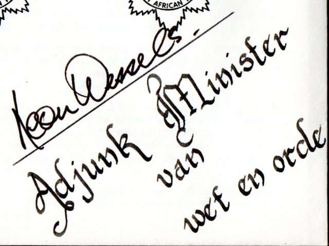 RSA 1988 75TH ANNIV OF SA POLICE COVER SIGNED BY 'LEON WESSELS -  DEPUTY MINISTER OF LAW AND ORDER'