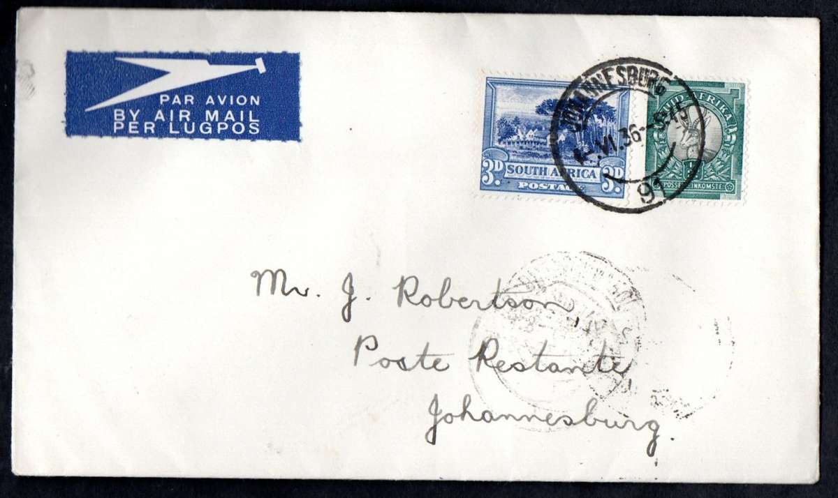 UNION 1936 AIRMAIL COVER WITH CAPE TOWN MUNICIPAL AIRPORT WINGFIELD SPECIAL ARRIVAL CDS.