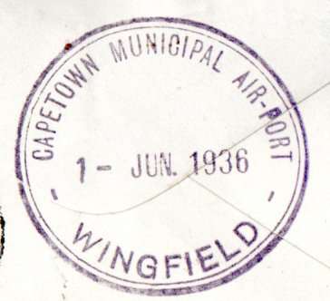 UNION 1936 AIRMAIL COVER WITH CAPE TOWN MUNICIPAL AIRPORT WINGFIELD SPECIAL ARRIVAL CDS.