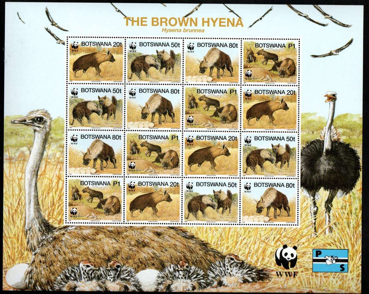BOTSWANA 1995 ENDANGERED SPECIES BROWN HYENA  UMM SHEET OF (X16). SG809/12. GOOD VALUE.