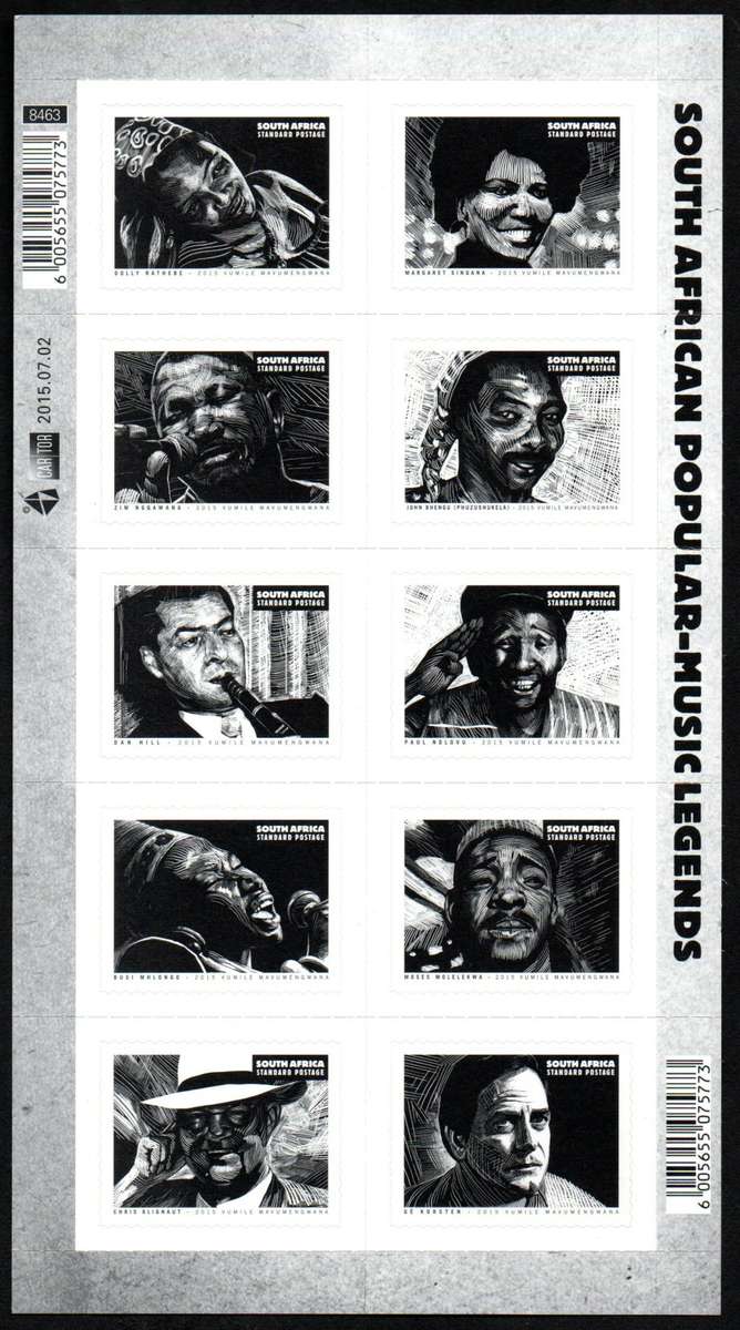 RSA 2015 MUSIC LEGENDS SELF-ADHESIVE SHEETLET OF (X10). SACC2281. AS PER SCANS. CV R350.