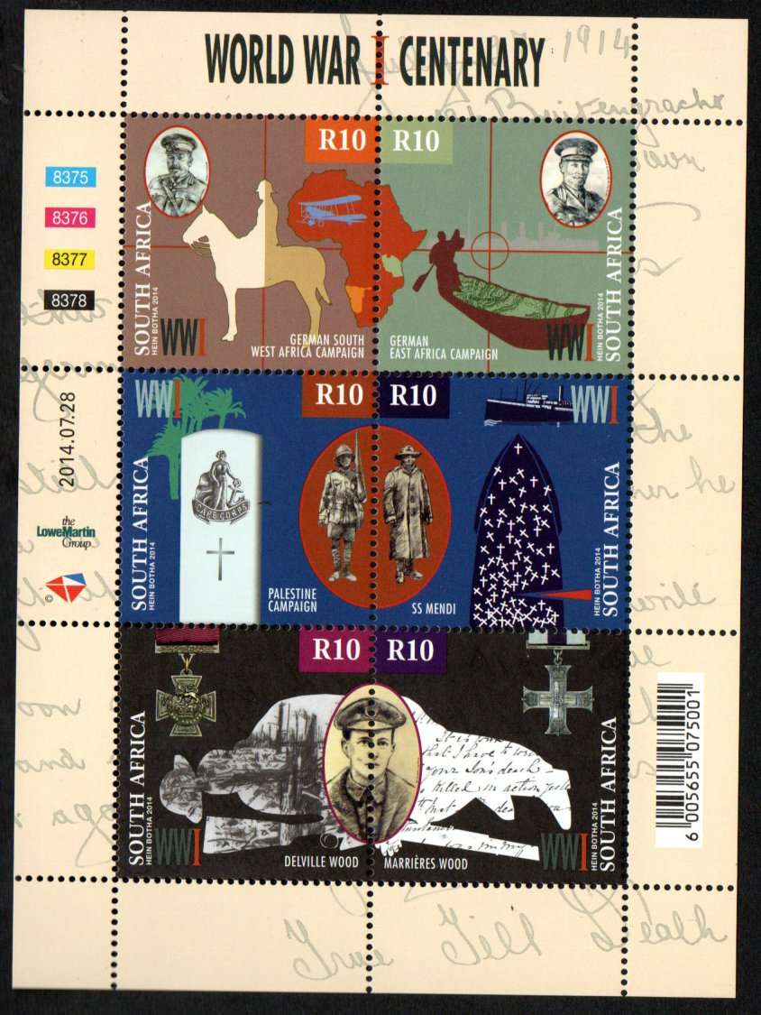 RSA 2014 CENTENARY OF WORLD WAR I UMM R60 SHEETLET OF (X6). AS PER SCANS. CV R450. NICE ITEM.