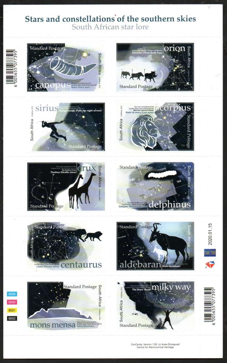 RSA 2020 STARS AND CONSTELLATIONS SHEETLET OF (X10) SELF-ADHESIVE. SACC2327. CV R300. AS PER SCANS.