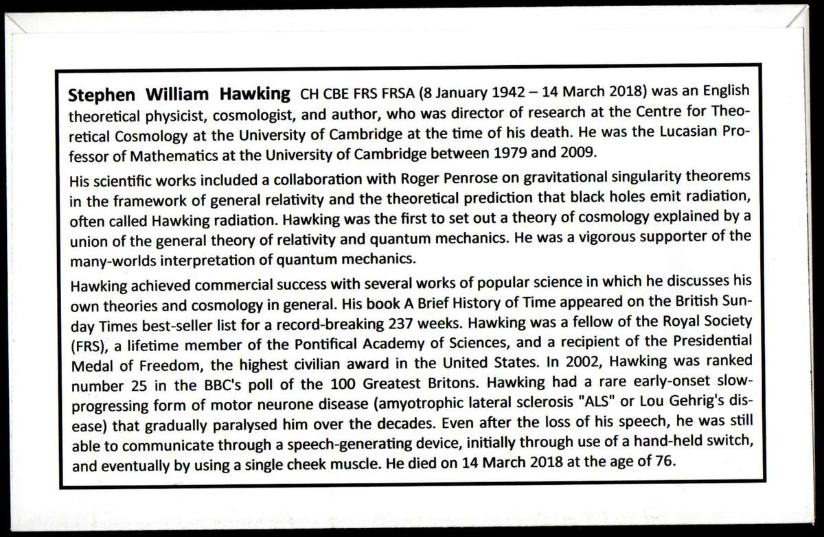 RSA 2018 STEPHEN HAWKING COMMEMORATIVE COVER PRIVATELY MADE. AS PER SCANS. NICE ITEM.
