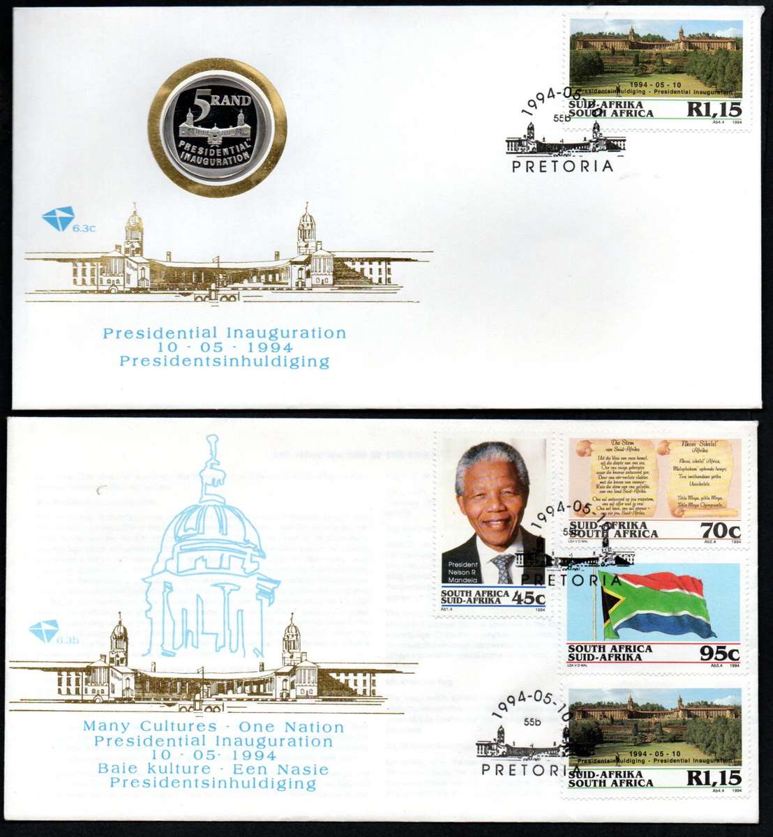 RSA 1994 PRESIDENTIAL ELECTION (MANDELA) COIN FDC 6.3c + 6.3b. AS LISTED. GOOD VALUE!