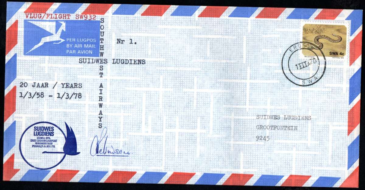 SOUTH WEST AIRWAYS 20TH ANNIVERSARY (X2) FLIGHT COVERS NO. 1. BOTH SIGNED. AS PER SCANS,