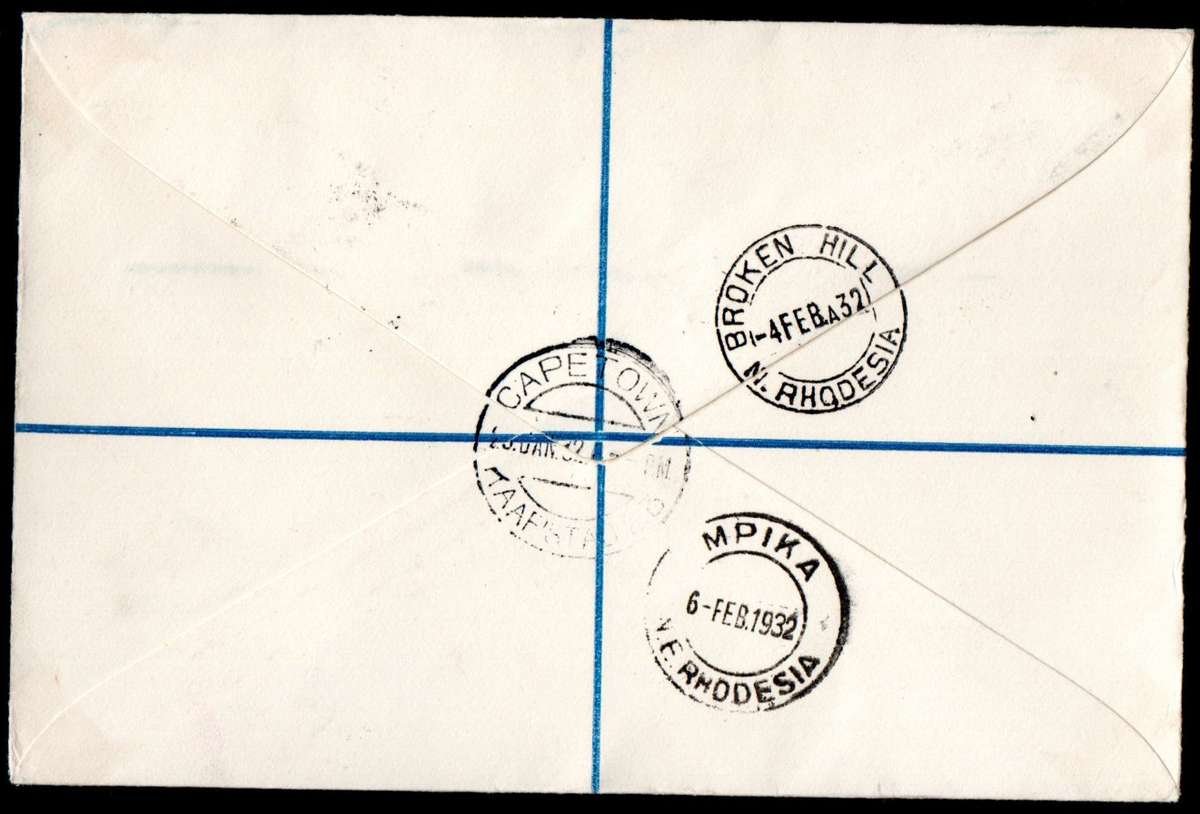 Union 1932 Imperial Airways 1st flight cover Cpt-Croydon. 4th northbound stop Mpika - relist.