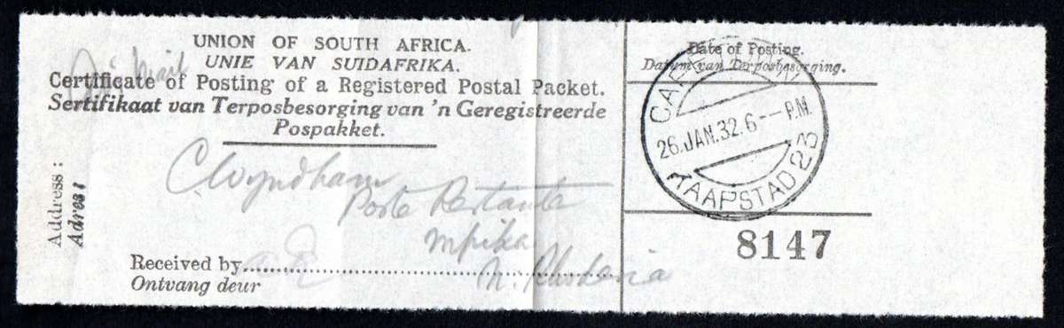 Union 1932 Imperial Airways 1st flight cover Cpt-Croydon. 4th northbound stop Mpika - relist.
