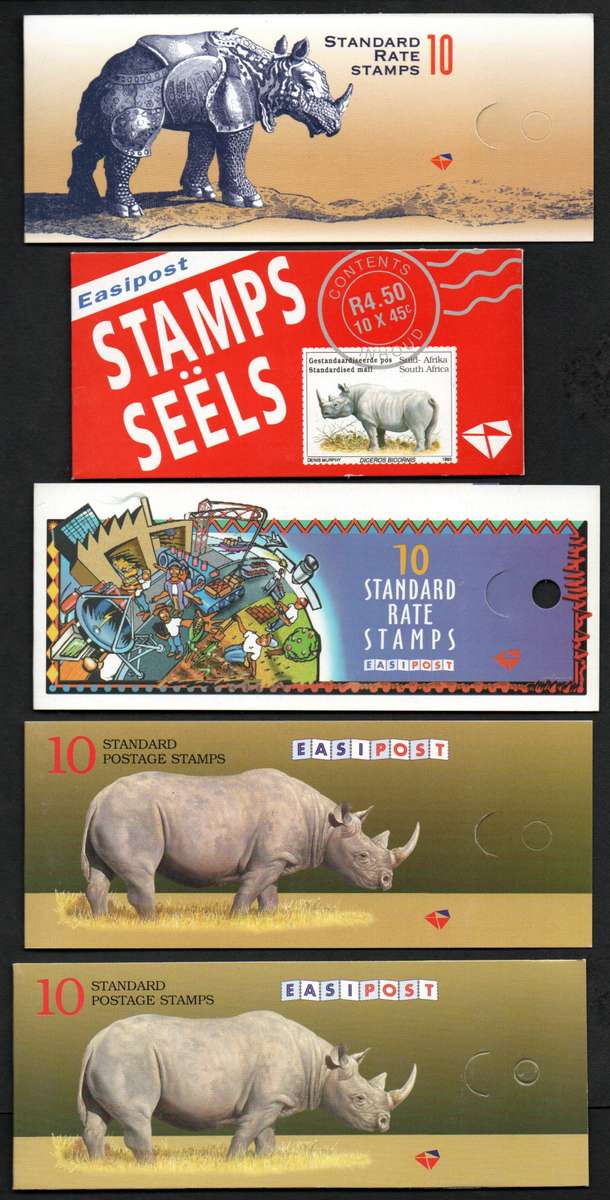 RSA SELECTION OF (X5) DIFFERENT MINT AND COMPLETE RHINO BOOKLETS. (X1) WITH 'INVERTED PANE'.