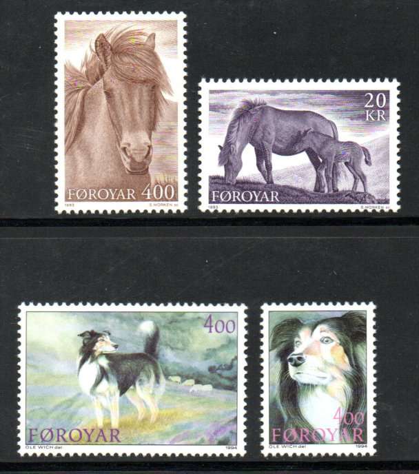 FAROE ISLANDS 1993 HORSES UMM SET OF (X2) SG243/4 + 1994 SHEEPDOGS SET OF (X2) SG258/9. CV GBP 14.95