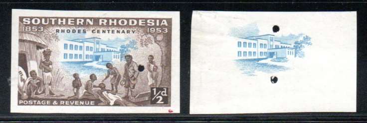 SOUTHERN RHODESIA 1953 RHODES CENTEN 1/2d IMPERF PRINTERS FILE COPY (PROOF) SINGLE AND VIGNETTE.