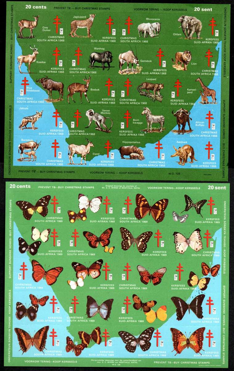 SOUTH AFRICA 1966-69 SELECTION OF (X4) 'PREVENT TB - BUY CHRISTMAS STAMPS' CINDERELLA SHEETS.