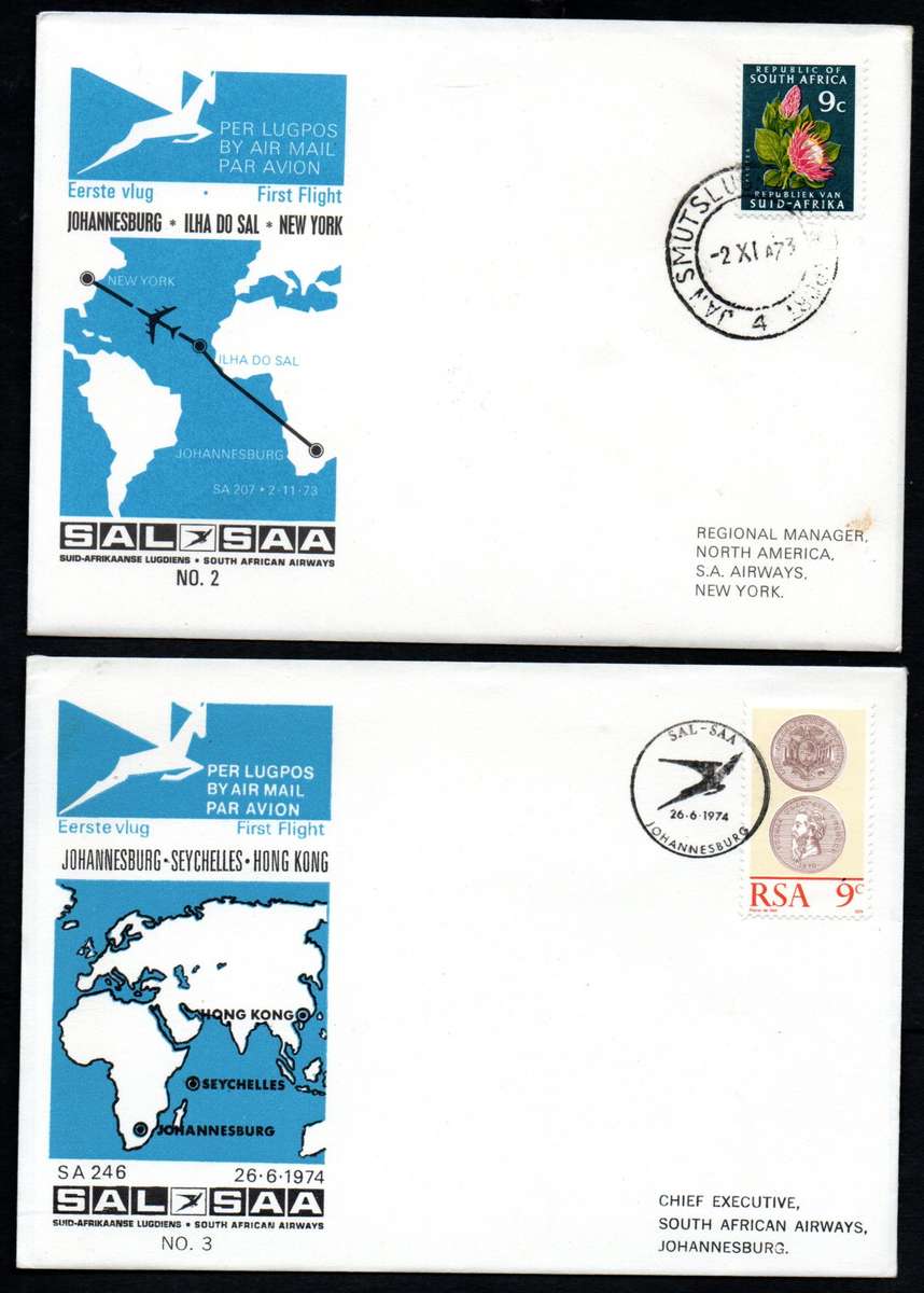 RSA 1973 SAA JHB TO NEW YORK 1ST FLIGHT COVER NO 2 AND 1974 JHB TO HONG KONG COVER NO 3. READ.