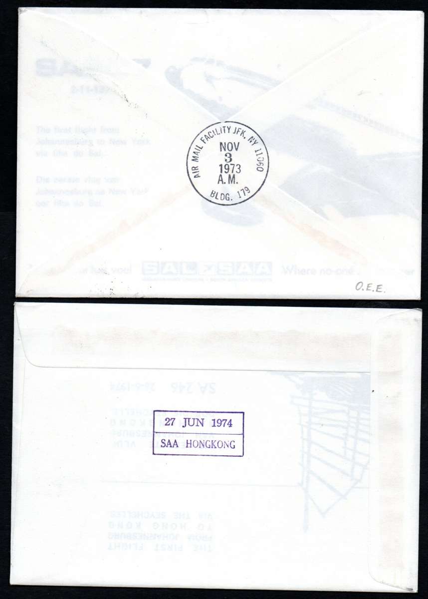 RSA 1973 SAA JHB TO NEW YORK 1ST FLIGHT COVER NO 2 AND 1974 JHB TO HONG KONG COVER NO 3. READ.