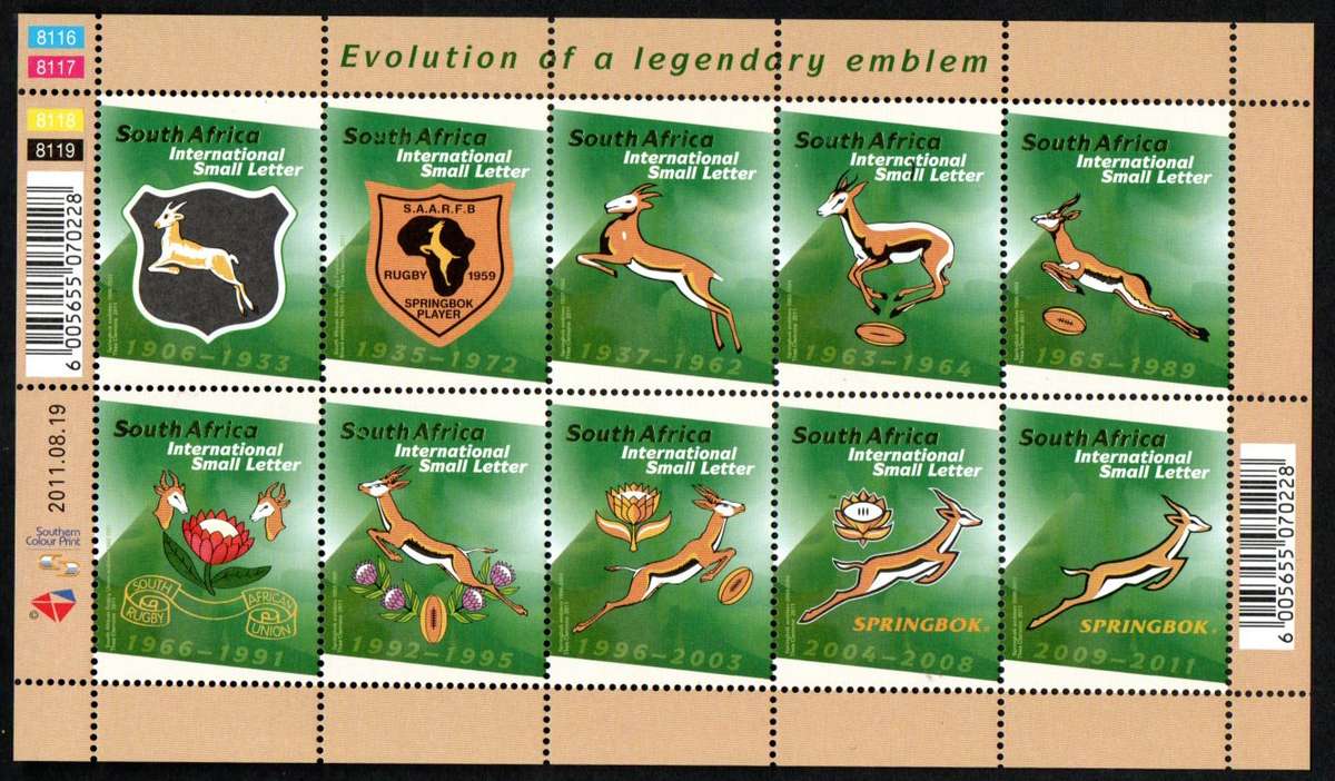 RSA 2011 EVOLUTION OF SPRINGBOKS RUGBY EMBLEM UMM SHEETLET OF (X10). SACC2208. CV R600.
