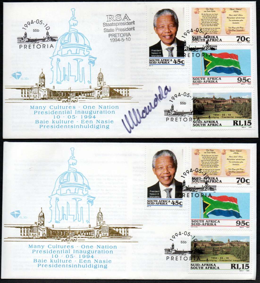 RSA 1994 INAUGURATION FDC 6.3b 'MANDELA' SIGNED + ADDED SPECIAL CACHETS + UNSIGNED FDC. SCARCE. READ