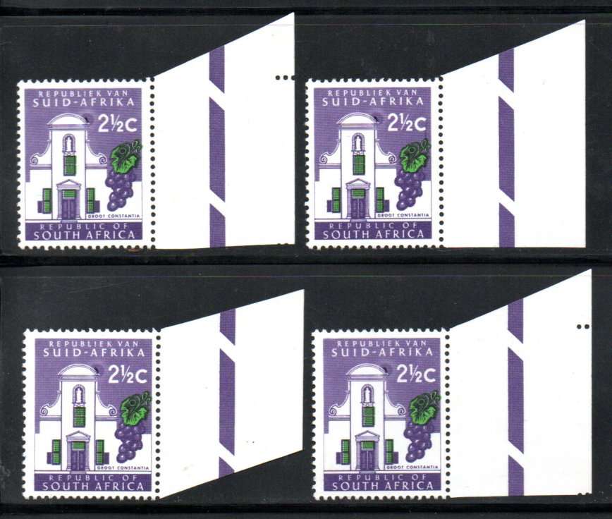 RSA 1ST DEF 2 1/2c (X4) MARG SINGLES UMM WITH 'SEARCH LIGHT FLAW ON GABLE'. AS PER SCANS.