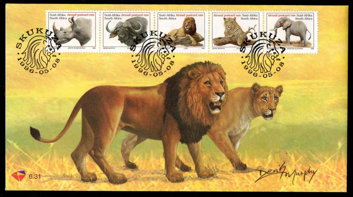RSA 1996 BIG FIVE ADD VALUE TO DEF ISSUE FDC NO 6.31 SIGNED BY THE 'STAMP ARTIST - DENIS MURPHY'.