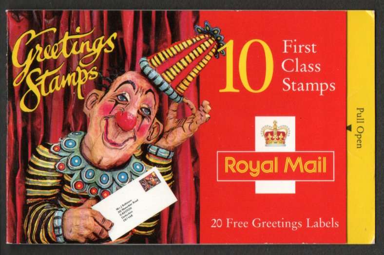 GB 1995-96 GREETINGS STAMPS BARCODE BOOKLET CLOWN DESIGN MINT. SGKX7. CV GBP 11.50. NICE ITEM.