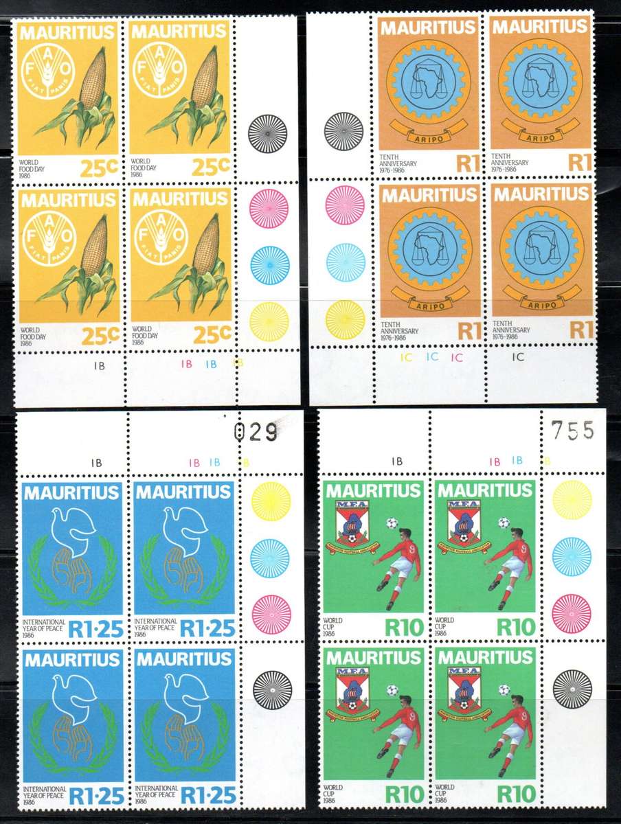 MAURITIUS 1986 INTERNATIONAL EVENTS UMM SET OF (X4) CONTROL BLKS OF (X4). SG729-32. CV GBP 26+.