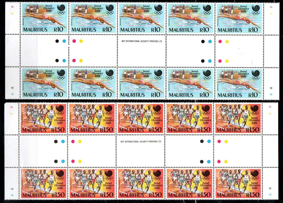 MAURITIUS 1988 OLYMPIC GAMES SEOUL UMM SET OF (X4) GUTTER STRIPS OF (X10). SG794-7. TOTAL CV GBP 35.