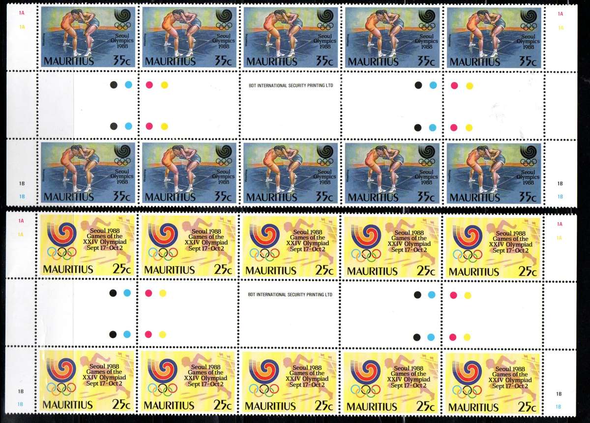 MAURITIUS 1988 OLYMPIC GAMES SEOUL UMM SET OF (X4) GUTTER STRIPS OF (X10). SG794-7. TOTAL CV GBP 35.