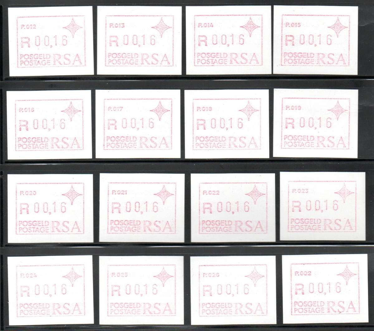 RSA SELECTION OF (X16) MINT 16c FRAMA MACHINE LABELS NUMBER 12-26. AS PER SCANS. NICE LOT.
