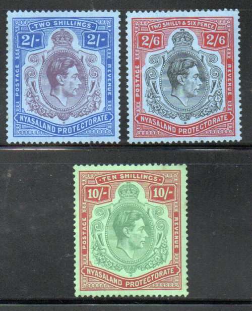 NYASALAND 1938-44 KGVI 2s, 2s6d, 10s MM SINGLES. USUAL GUM CONDITION. SG139-41. CV GBP 90. PER SCANS