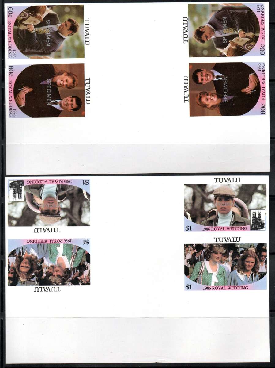 TUVALU AND SAINT LUCIA 1986 ROYAL WEDDING SELECTION 'IMPERF, PERF BLKS ETC'. 'SPECIMEN' ETC. READ.
