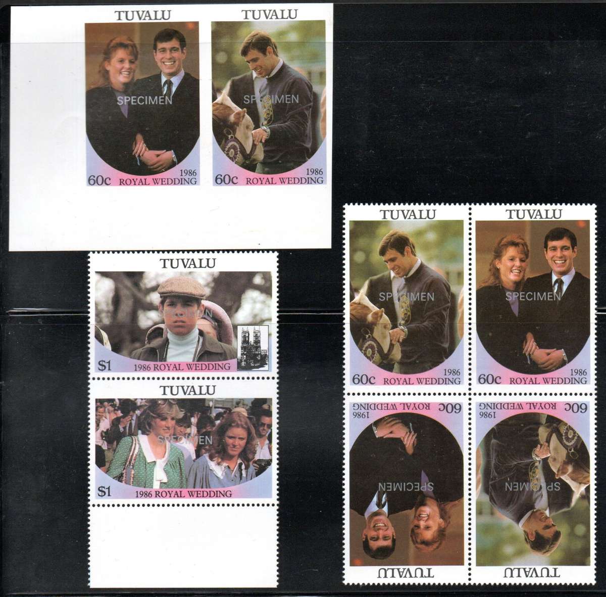 TUVALU AND SAINT LUCIA 1986 ROYAL WEDDING SELECTION 'IMPERF, PERF BLKS ETC'. 'SPECIMEN' ETC. READ.