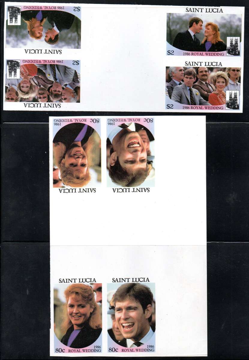 TUVALU AND SAINT LUCIA 1986 ROYAL WEDDING SELECTION 'IMPERF, PERF BLKS ETC'. 'SPECIMEN' ETC. READ.