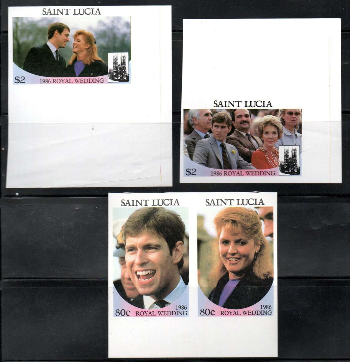 TUVALU AND SAINT LUCIA 1986 ROYAL WEDDING SELECTION 'IMPERF, PERF BLKS ETC'. 'SPECIMEN' ETC. READ.