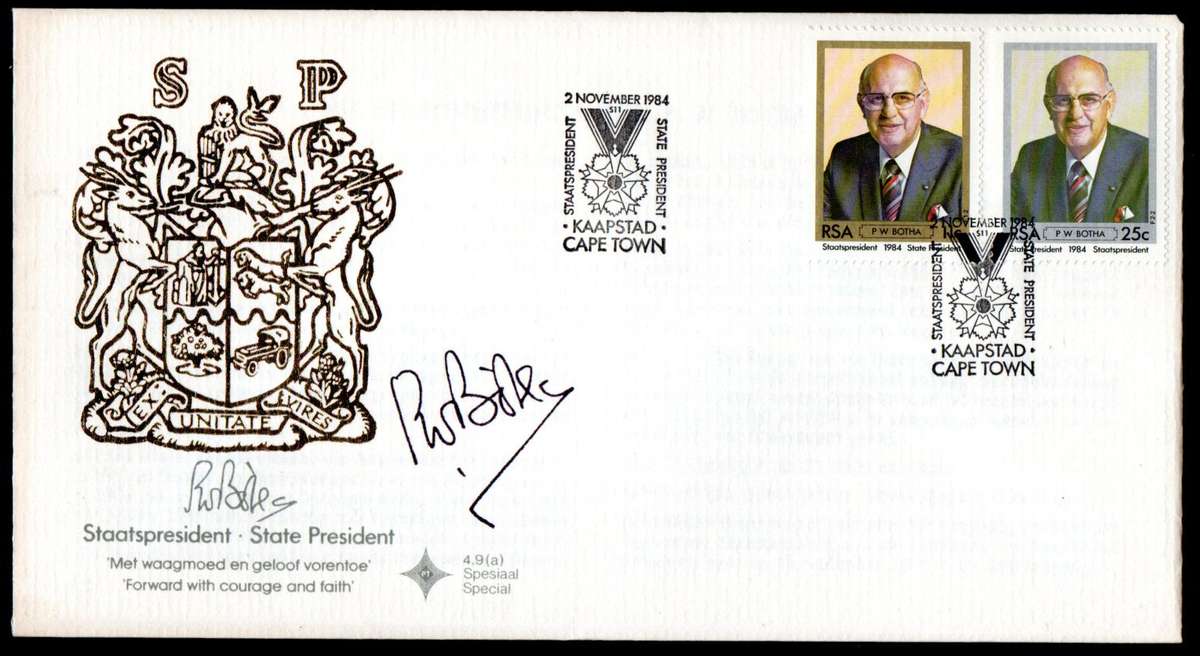 RSA 1984 INAUGURATION OF PRESIDENT PW BOTHA FDC NO 4.9a SIGNED 'BOTHA'. AS PER SCANS.
