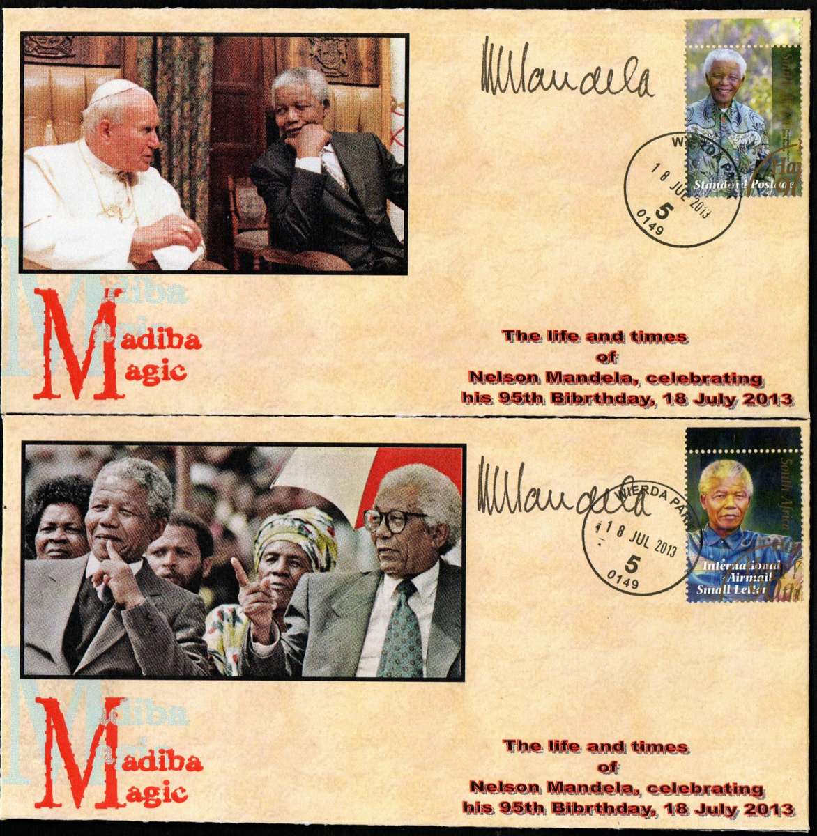 RSA 2013 NELSON MANDELA'S 95TH BIRTHDAY PRIVATELY MADE COVERS (X2). PRINTED SIGNATURES. AS PER SCANS