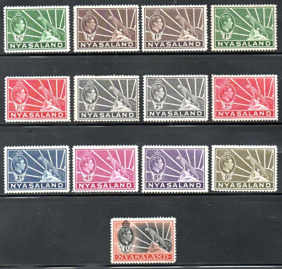 NYASALAND 1938-44 SHORT SET OF M/MINT + USED SINGLES TO 1s. SG130-138. CV GBP 86.5. USED ON PAGE.