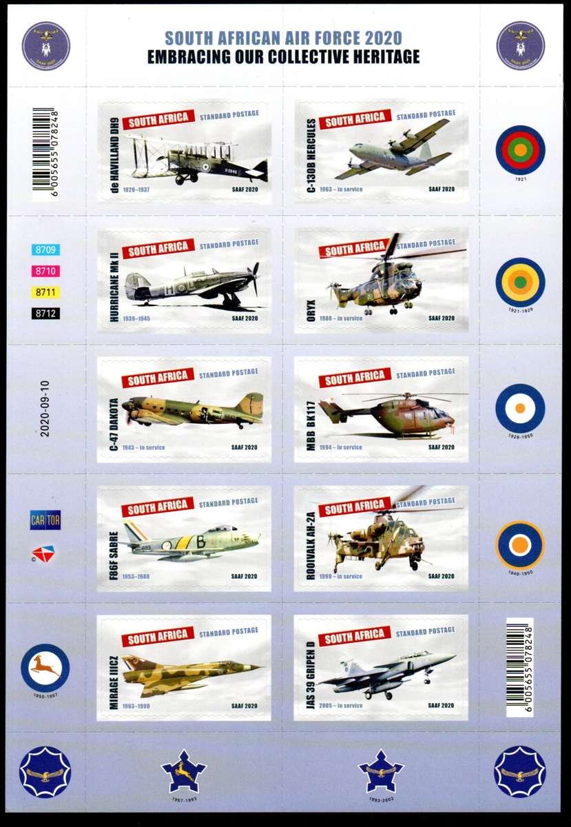 RSA 2020 SA AIR FORCE SELF-ADHESIVE MINT SHEETLET OF (X10). AS PER SCANS. CV R350.