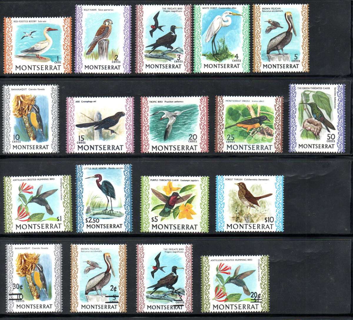 MONTSERRAT 1970 BIRDS M/MINT SET OF (X14) SG242/54c + SURCH BIRD SINGLES MINT. CV GBP 51+.