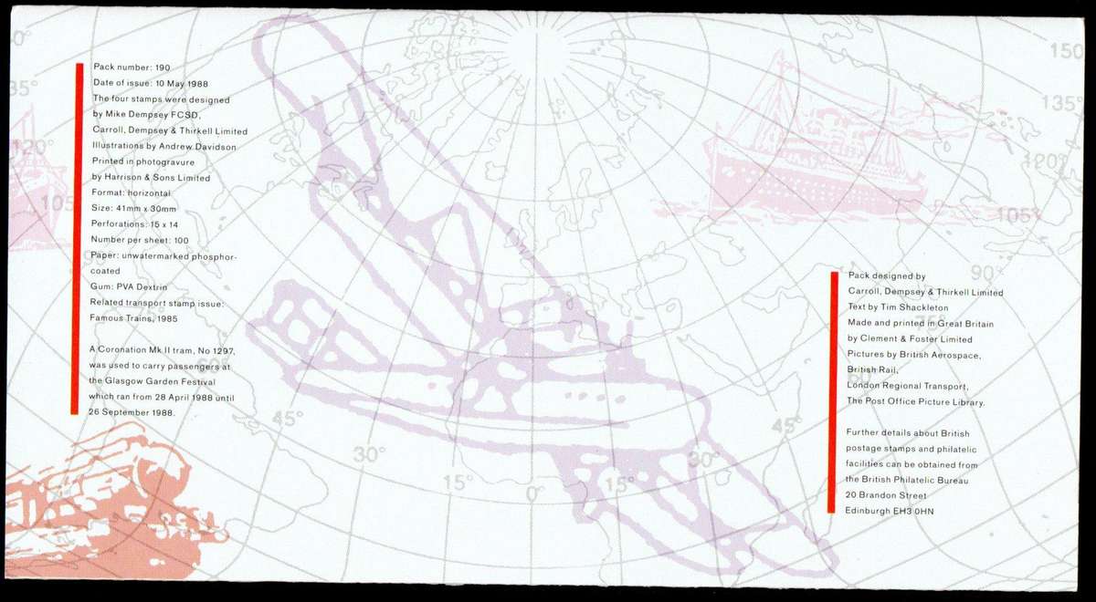 GB 1988 EUROPA. TRANSPORT AND COMMUNICATIONS MINT PRESENTATION PACK NO 190. AS PER SCANS.