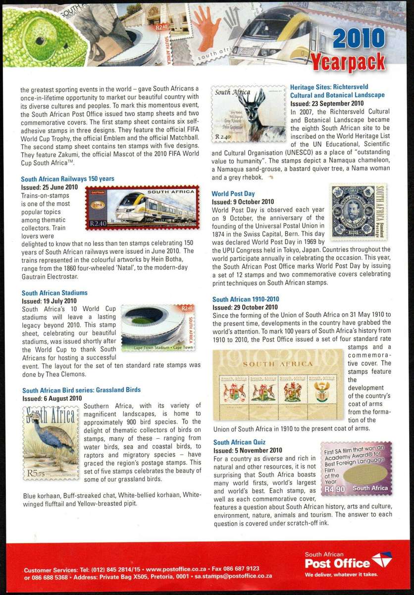 RSA 2010 YEAR PACK (OPENED) WITH CTO STAMPS, SHEETS ETC (STAMPS STILL IN PLASTIC). AS PER SCANS.