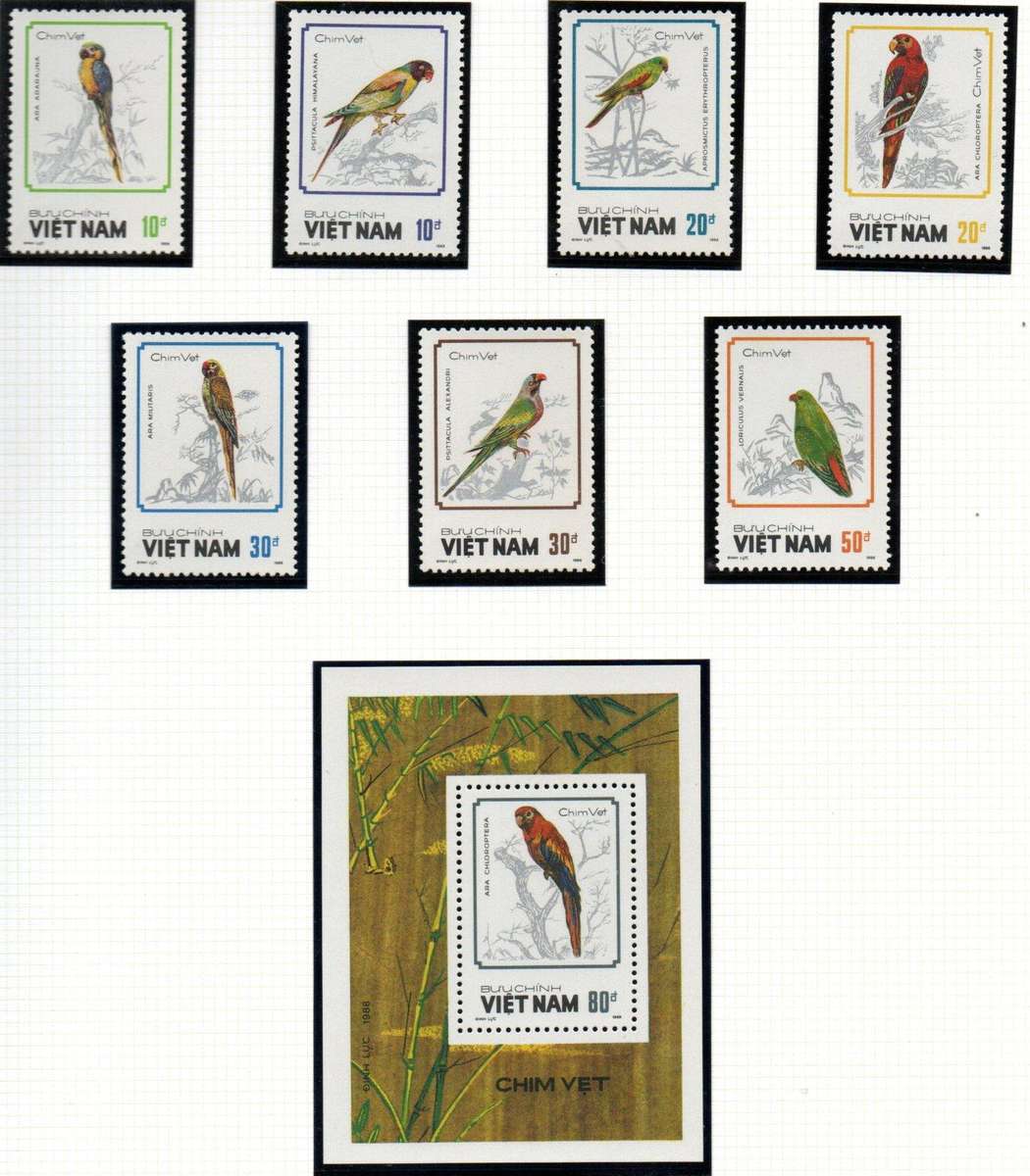 VIETNAM 1985 PARROTS UMM SET OF (X7) SINGLES. SG1176-MS1183. CV GBP 13+. AS PER SCANS.
