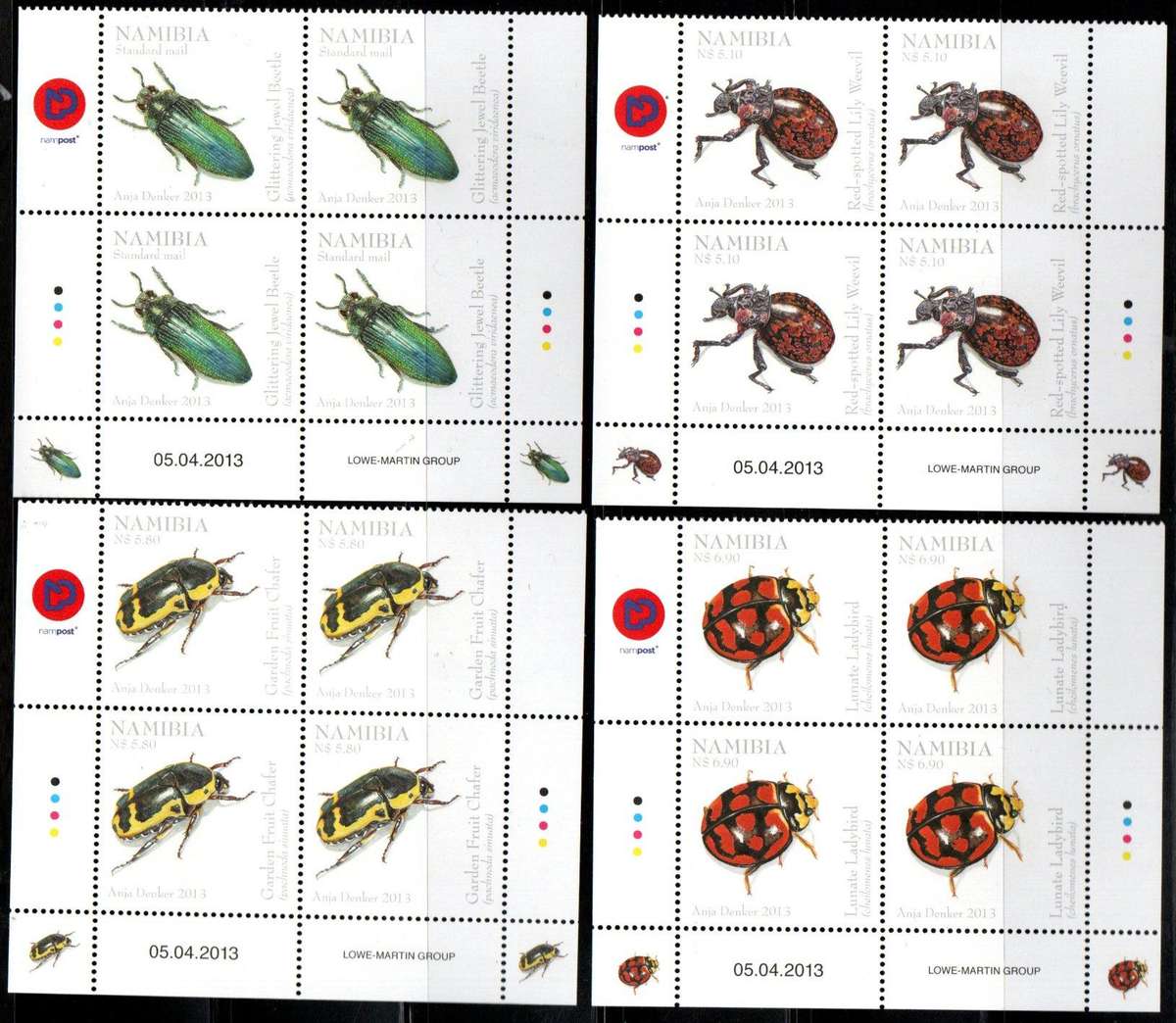 NAMIBIA 2013 BEETLES OF NAMIBIA UMM SET OF CONTROLS OF (X4) + SINGLES + FDC NO 4.6. CV R636.