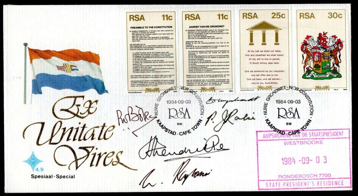 RSA 1984 CONSTITUTION MULTIPLE SIGNED/RUBBER STAMPED FDC `BOTHA, RAJBANSI, HENDRICKSE, DESIGNER ETC'