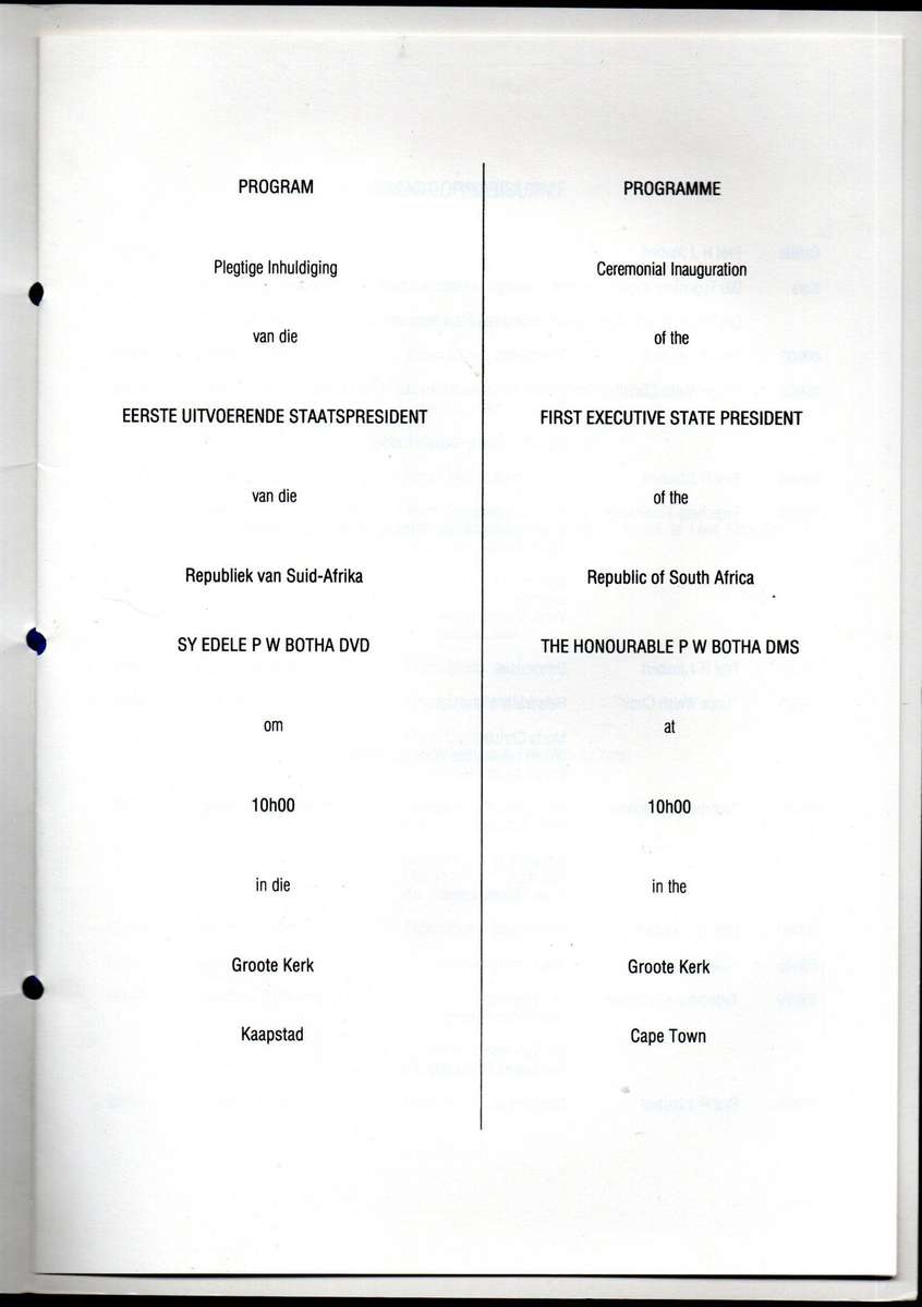 RSA 1984 INAUGURATION OF PRESIDENT PW BOTHA INAUGURATION PROGRAMME. AS PER SCANS. NICE ITEM.