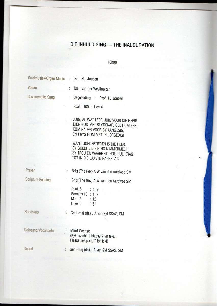 RSA 1984 INAUGURATION OF PRESIDENT PW BOTHA INAUGURATION PROGRAMME. AS PER SCANS. NICE ITEM.