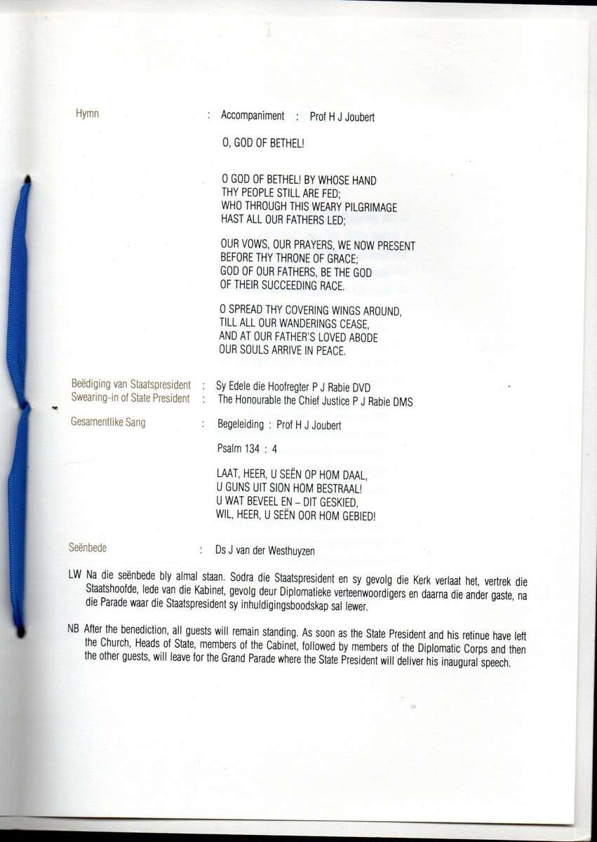 RSA 1984 INAUGURATION OF PRESIDENT PW BOTHA INAUGURATION PROGRAMME. AS PER SCANS. NICE ITEM.