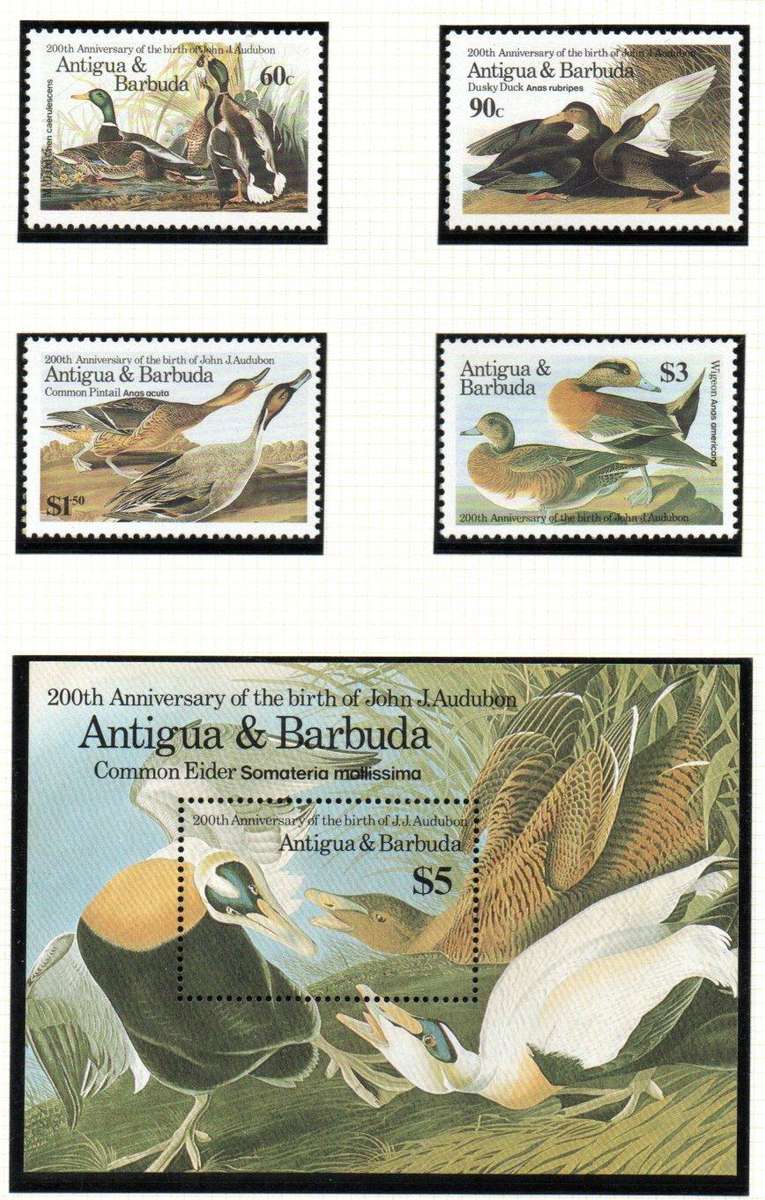 ANTIGUA 1986 BIRTH BICENT OF JOHN J AUDUBON (BIRDS) UMM SET OF (X4) +MSHEET. SG990/MS994. CV GBP 20+