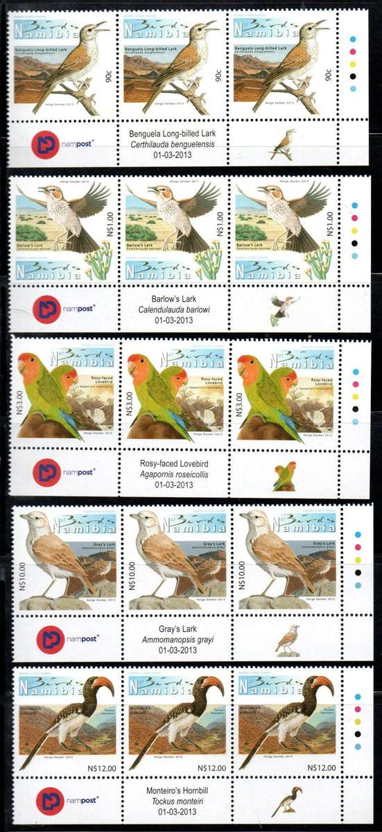 NAMIBIA 2013 5TH DEF ADD VALUES (BIRDS) SET OF (X5) UMM STRIPS OF (X3) UMM. SACC773-777. NICE SET.