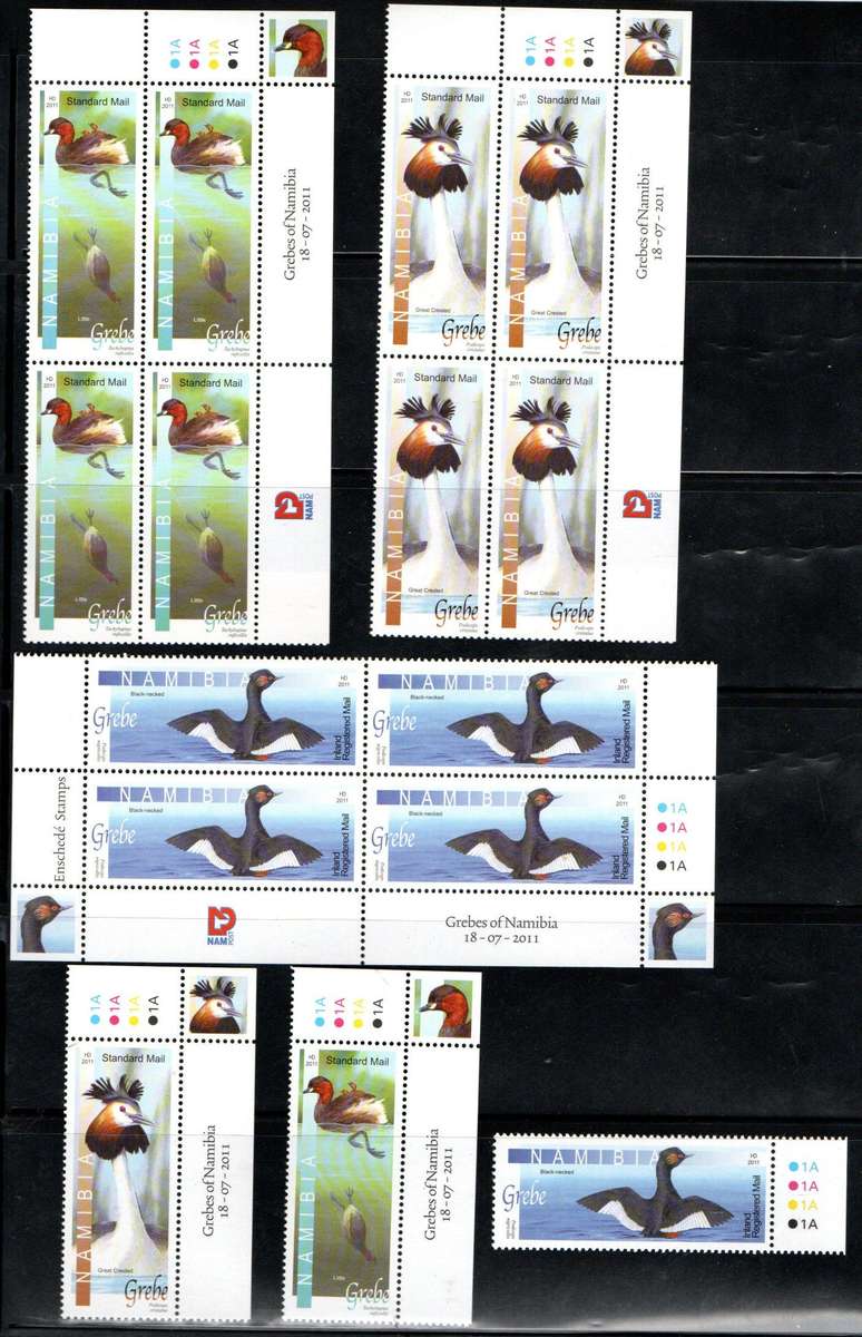 NAMIBIA 2011 GREBES OF NAMIBIA SET OF (X3) UMM CONTROL BLKS + SINGLES + FDC NO 3.80. CV R520. READ