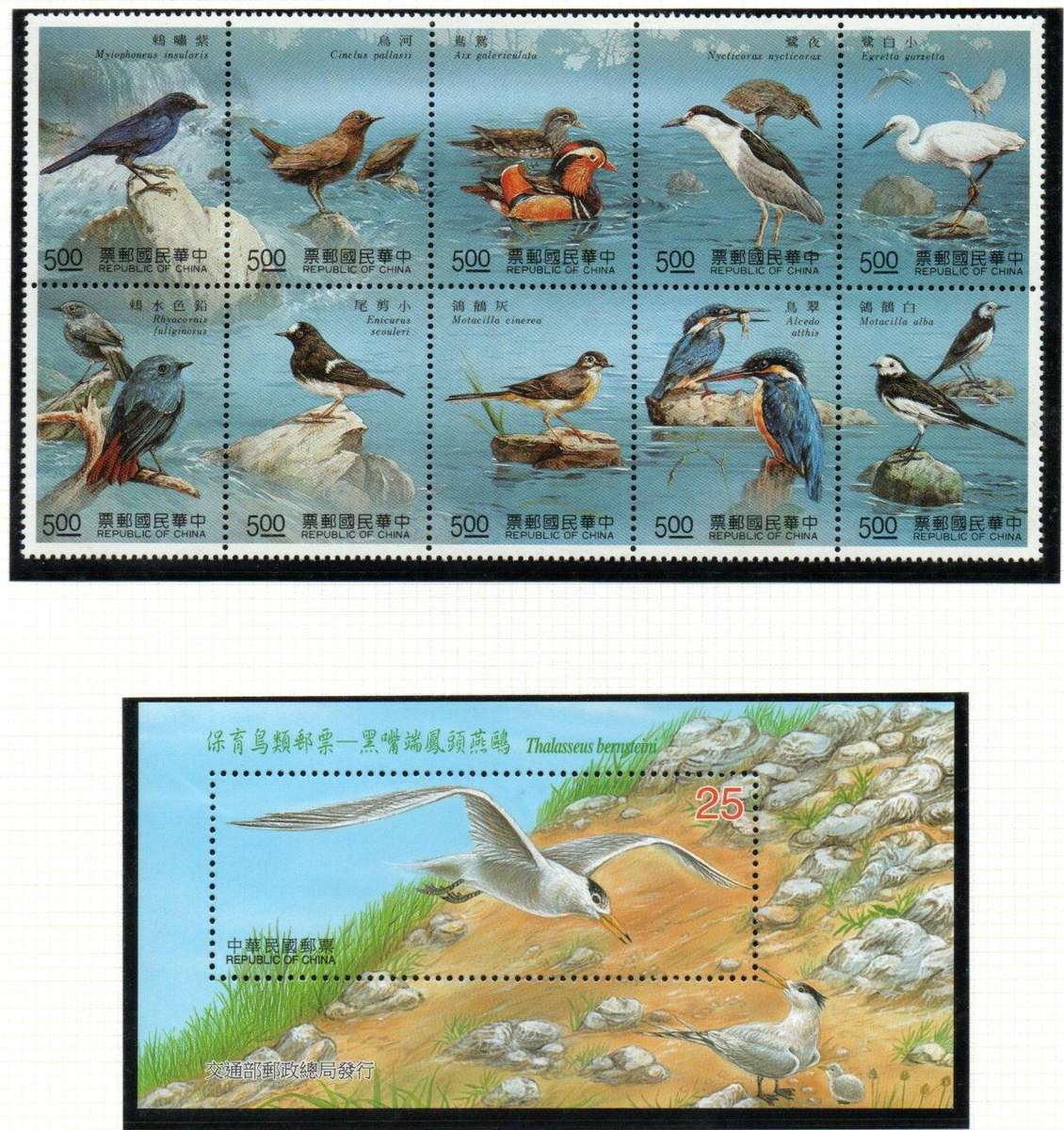 TAIWAN 1991 RIVER BIRDS SET OF (X10) IN BLK SG1985-1994 + 2002 CRESTED TERN MSHEET SGMS2802b UMM.